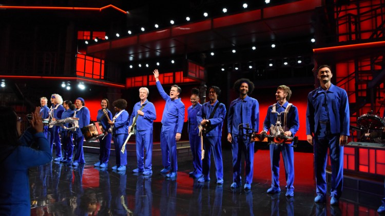 Stephen Colbert Joins David Byrne for Performance of “Burning Down the House”