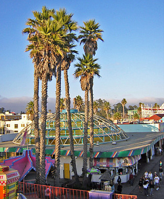 Roof of the carousel on the Santa Cruz boardwalk<br>Photo: <a href="https://commons.wikimedia.org/wiki/File:SantaCruz_BeachBoardwalk_Carousel_palmsDSCN9371.JPG">Larry Pieniazek</a>, <a href="http://creativecommons.org/licenses/by-sa/3.0/">CC BY-SA 3.0</a>, via Wikimedia Commons