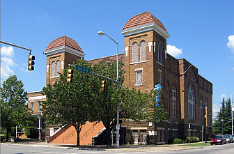 16th Street Baptist Church; the bomb was placed beneath the steps shown<br>Photo: <a href="https://commons.wikimedia.org/wiki/File:16th_Street_Baptist_Church.JPG">John Morse</a>, <a href="http://creativecommons.org/licenses/by-sa/3.0/">CC BY-SA 3.0</a>, via Wikimedia Commons
