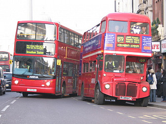 Double decker buses<br>Photo: <a href="https://commons.wikimedia.org/wiki/File:Arriva_London_buses_VLA157_(LJ55_BSU)_%26_RM54_(LDS_279A),_Whitehall,_route_159,_9_December_2005.jpg">Jon Bennett</a>, <a href="https://creativecommons.org/licenses/by/2.0">CC BY 2.0</a>, via Wikimedia Commons